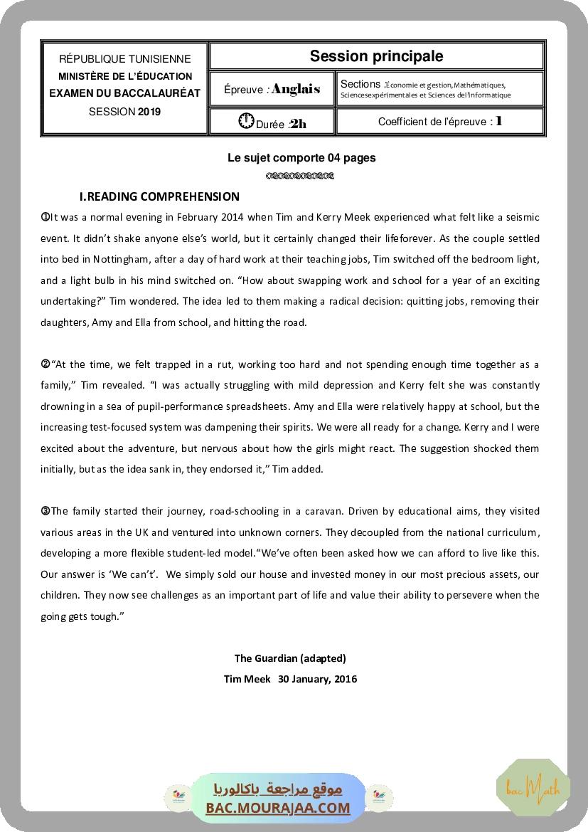 Corrigé principale anglais Bac 2019 – Section math